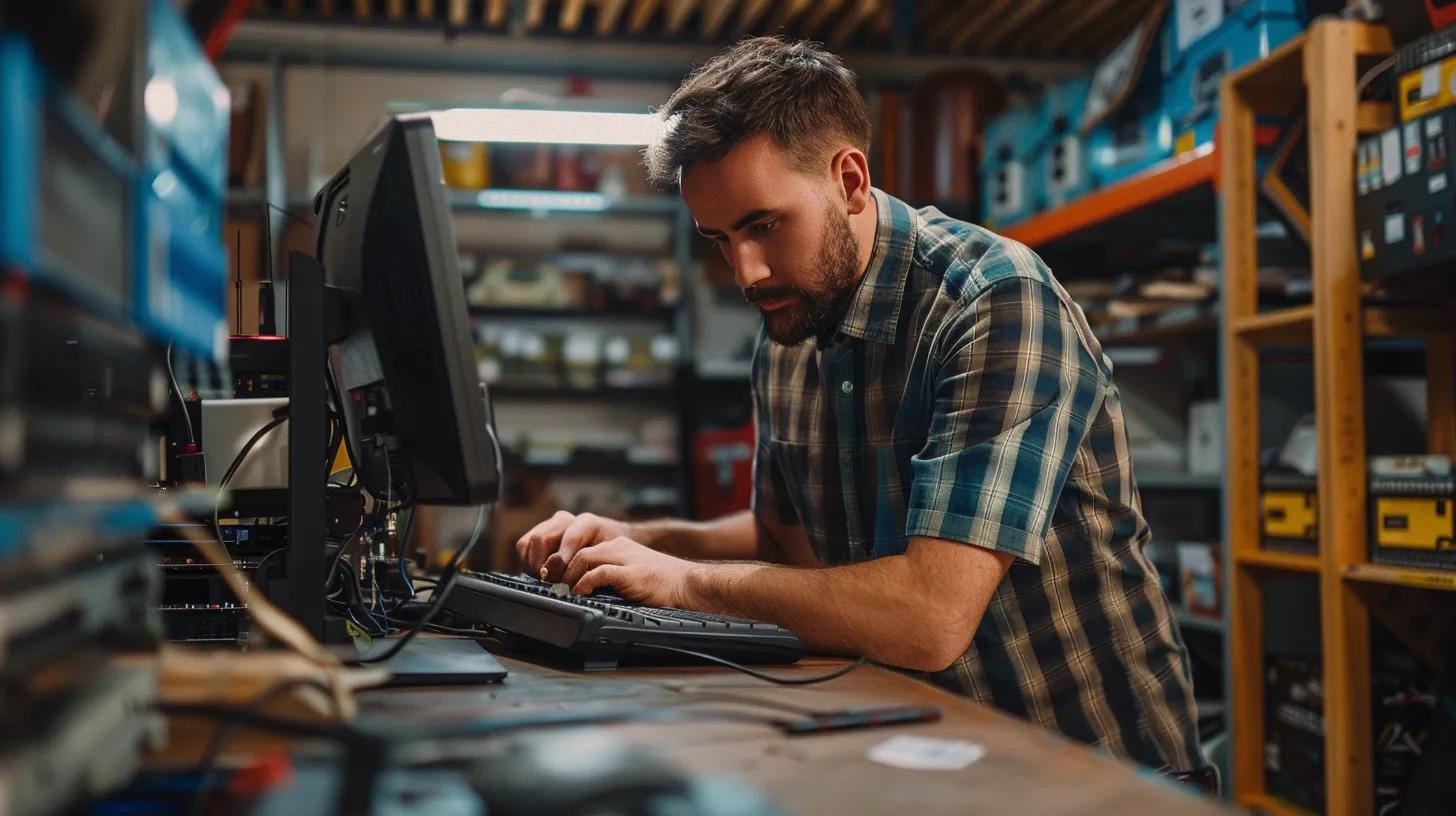 Man working on a computer in a repair shop, focused on troubleshooting and resolving virus issues, surrounded by tools and equipment related to computer repairs in Murray Bridge.