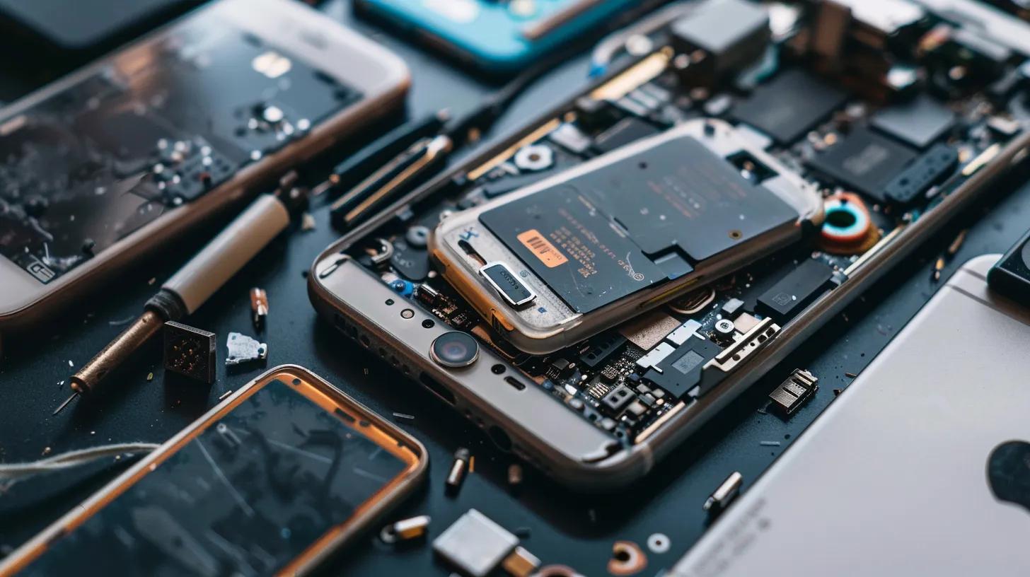 Close-up of disassembled smartphones and electronic components on a workbench, illustrating mobile phone repair services in Broken Hill.