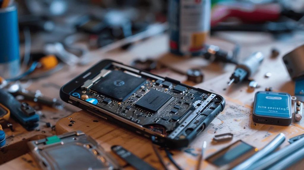 Smartphone disassembled on a workbench surrounded by tools, illustrating data recovery and repair services for hacked devices.