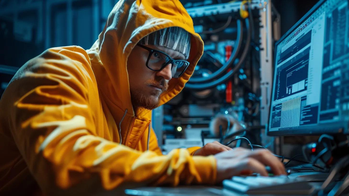 Person in a yellow hoodie focused on computer screen displaying code and data analysis, representing quick virus removal and malware cleaning services in Broken Hill.