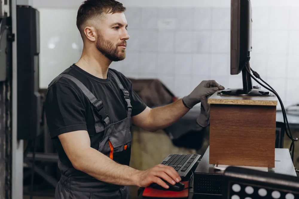 Technician in gloves working on a computer monitor, illustrating professional virus removal and computer repair services in Broken Hill.