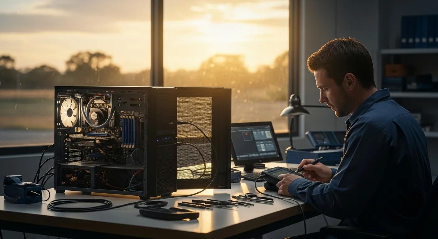 Technician repairing a computer with open case and tools on desk, showcasing professional computer repair services in Port Augusta West.