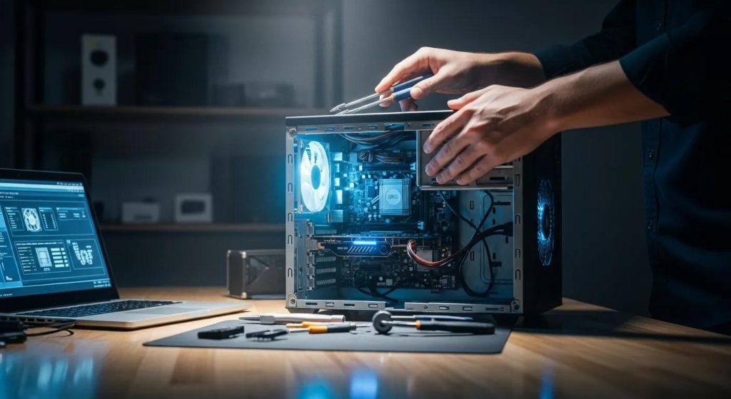 A dramatic, realistic scene of a modern computer repair workspace in an Australian regional town. A technician’s hands carefully open a desktop computer case, revealing glowing internal components, circuit boards, and detailed hardware. Soft directional lighting highlights dust particles in the air and the metallic textures of the tools. A laptop with diagnostic software glows on the side, casting reflections on the workbench. Background shows subtle hints of a small Griffith repair shop environment with shelves of neatly organised electronics. Cinematic depth of field, high resolution, hyper-realistic, no text.