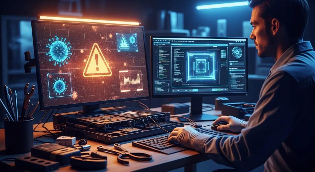 A dramatic, hyper-realistic scene of a desktop or laptop screen displaying corrupted graphics, warning symbols, or glitch effects that subtly suggest a virus infection. A technician works attentively beside it, using a separate monitor filled with virus-scanning tools, code, or security diagnostics. Cool-toned lighting contrasts with the warm glow of the infected screen, creating a sense of urgency and technical precision. Tools, open panels, and internal components add authenticity to the workspace. The background suggests a real Griffith tech repair environment, softly blurred to keep focus on the cleaning process. Ultra-detailed, cinematic, no text.
