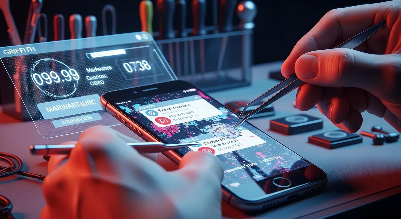 Mobile phone repair process with technician using tweezers on smartphone screen displaying technical data and notifications, highlighting phone repair services in Stirling North.