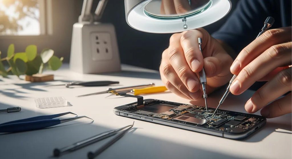 A dramatic, wide-screen, ultra-realistic close-up of a technician repairing a smartphone on a well-lit workbench. The phone’s internal components are exposed while precision tools and a magnifying lamp create focused highlights. Soft natural light enters from the side, casting gentle shadows across the workspace. Subtle hints of a regional Australian setting appear in the background without drawing attention. The scene conveys care, expertise, and technical accuracy, with crisp detail, shallow depth of field, and a cinematic 16:9 aspect ratio. No text, logos, or branding visible.