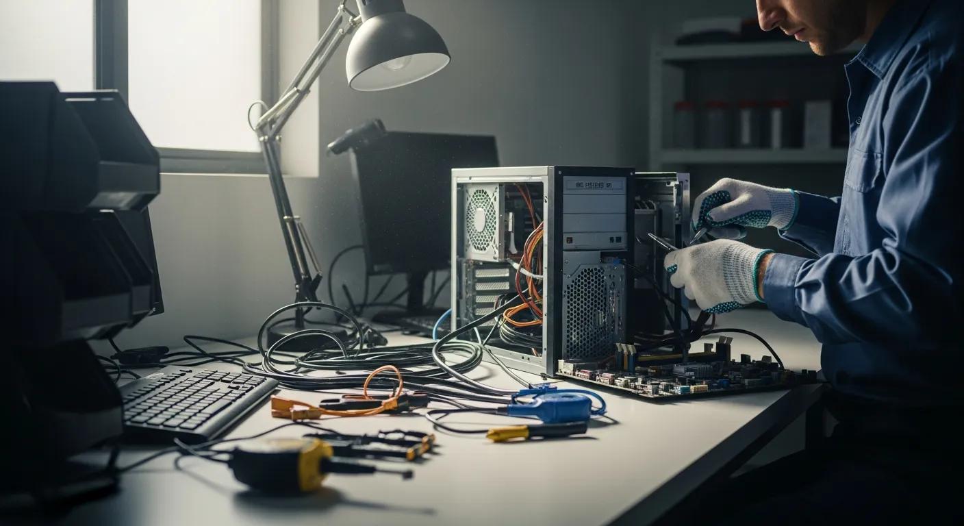 Technician repairing a desktop computer in a workspace, surrounded by tools and cables, illustrating reliable computer repair services in Stirling North.