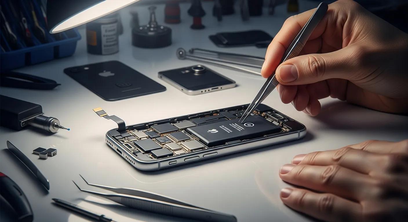 Technician repairing a smartphone battery with precision tools on a workbench, illustrating phone repair services in Port Augusta West.