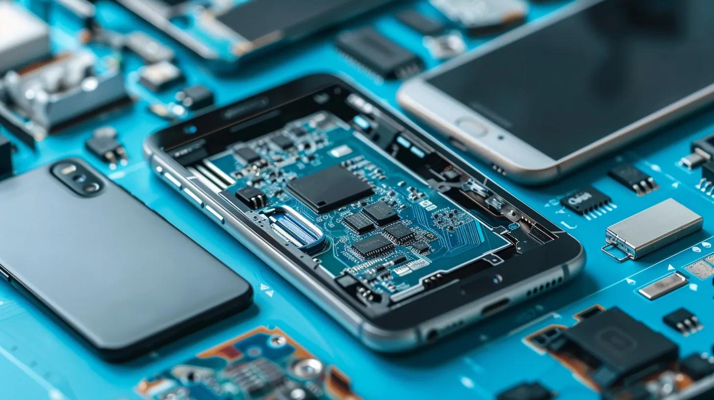 Smartphone disassembled with visible internal components on a blue background, highlighting phone repair services offered by Bizup IT in Murray Bridge.