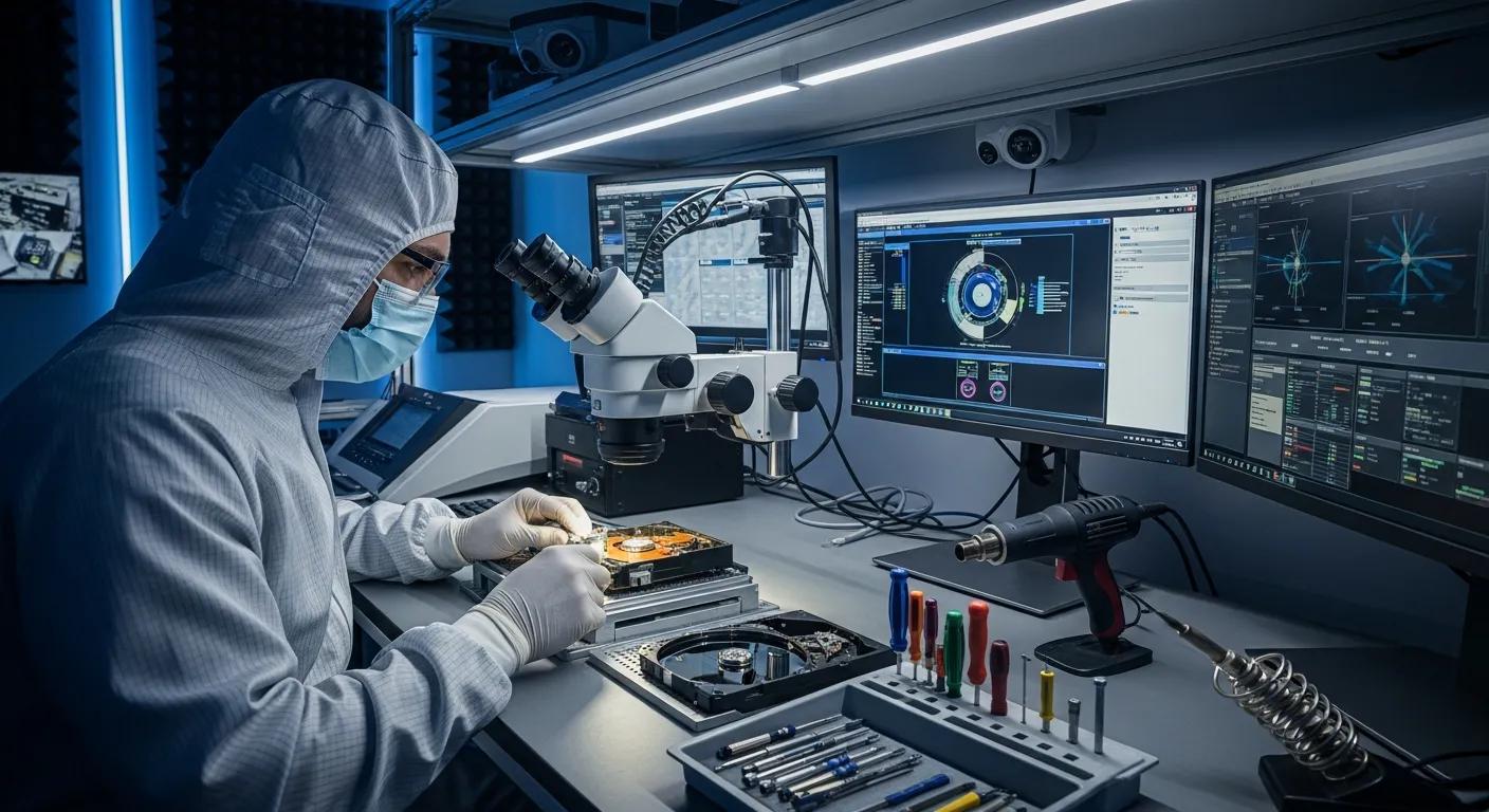 Technician in protective gear working on data recovery at a computer repair lab, with multiple monitors displaying diagnostic software and tools for virus removal and data recovery.