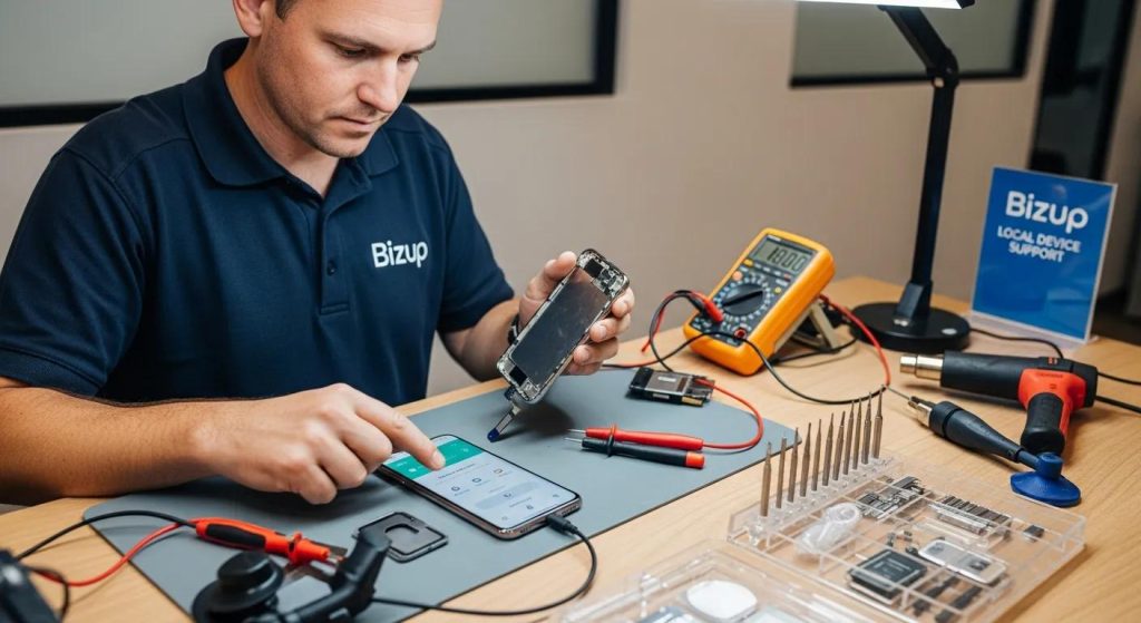 Bizup technician completing phone repairs in Griffith, testing a smartphone screen and charging function with repair tools on the bench for reliable local device support.