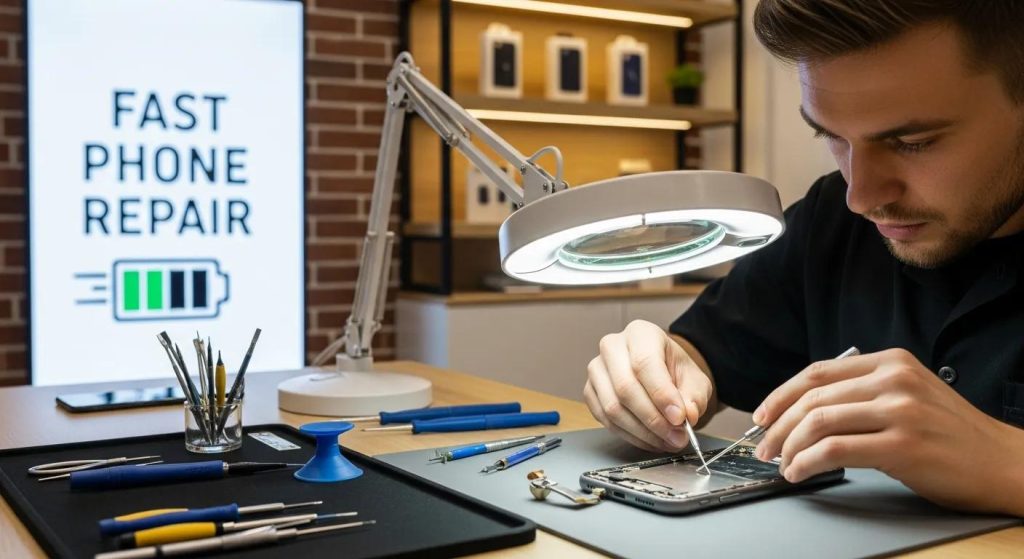 Technician performing phone repairs with tools on a workbench, illuminated by a magnifying lamp, with a "FAST PHONE REPAIR" sign in the background, emphasising quick service for device restoration.