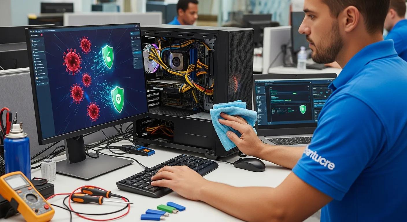 Technician cleaning computer components while monitoring malware protection software on dual monitors, illustrating virus cleaning and system maintenance services.