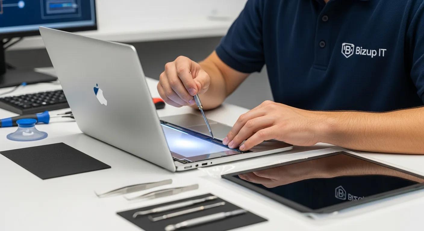 Technician repairing a laptop at Bizup IT, using tools on a white workspace, showcasing computer repair services.