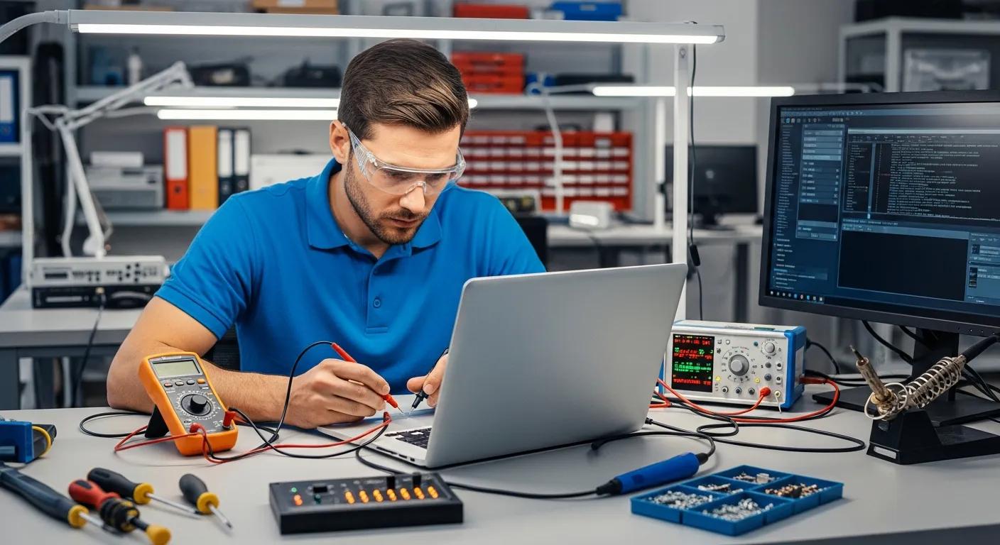 Technician repairing a laptop with tools, multimeter, and computer screen displaying code in a computer repair workspace.