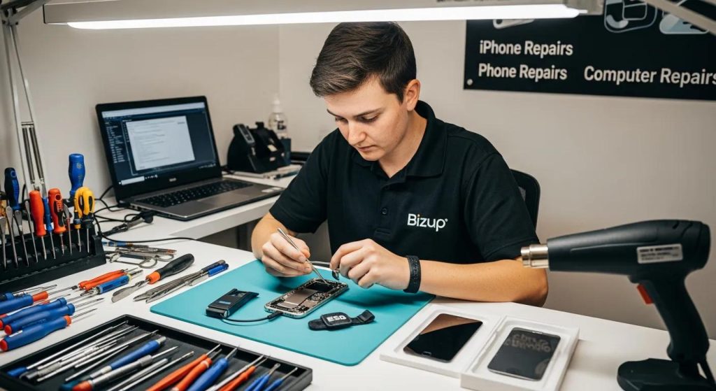 Bizup technician repairing an iPhone in Griffith, with tools and a replacement screen on the bench to support iPhone repairs, phone repairs, phone virus repair, and related computer repairs.