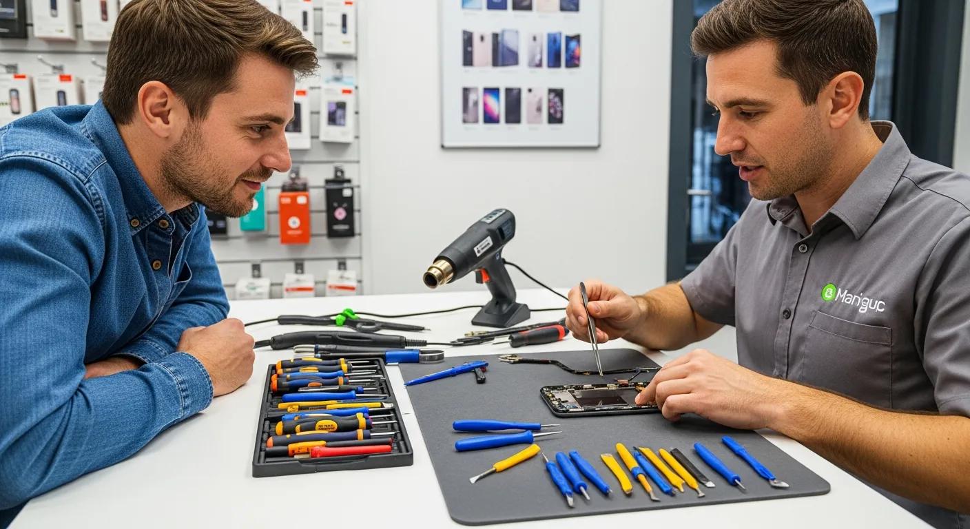 Technician repairing smartphone with tools on table, customer observing, in phone repair shop.