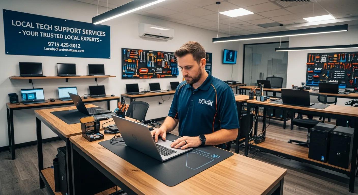Technician working on a laptop in a modern tech support office, featuring multiple devices and tools, representing local computer repair services in Stirling North.