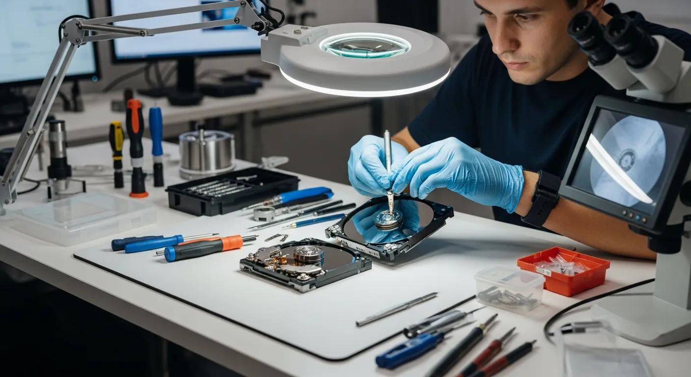 Technician repairing a hard drive with tools and magnifying lamp in a computer repair workshop, highlighting data recovery services.