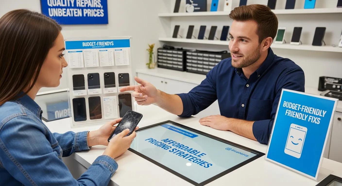Customer discussing affordable phone repair options with a technician at Bizup IT, featuring a broken smartphone screen and signage highlighting budget-friendly pricing strategies.