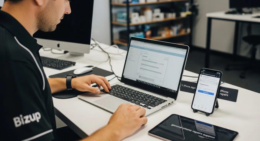 Bizup technician diagnosing a slow laptop during computer repairs in Griffith, with a smartphone beside it for iPhone repairs, phone virus repair, and general phone repairs support.