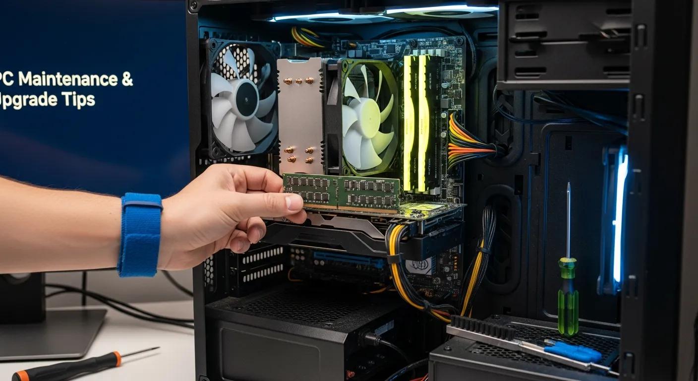 Person installing RAM in a computer, showcasing PC maintenance and upgrade tips, with tools and components visible in a well-lit setup.