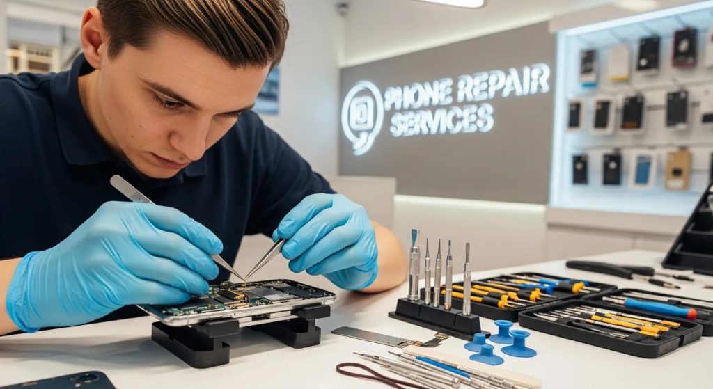 Technician repairing a smartphone with tools in a phone repair shop, emphasising expert phone repair services.