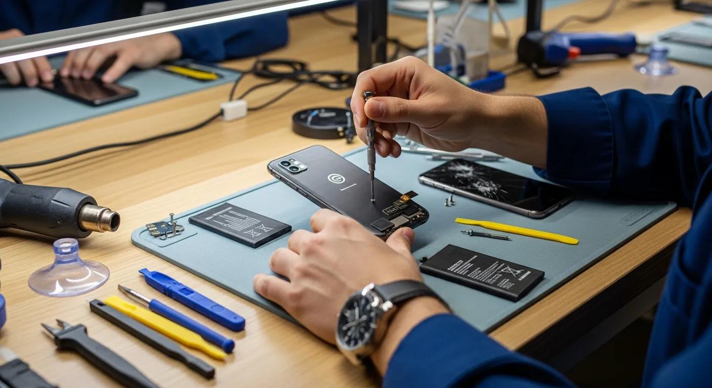 Technician repairing smartphone with tools, featuring disassembled phone components and a cracked screen in a phone repair workshop.