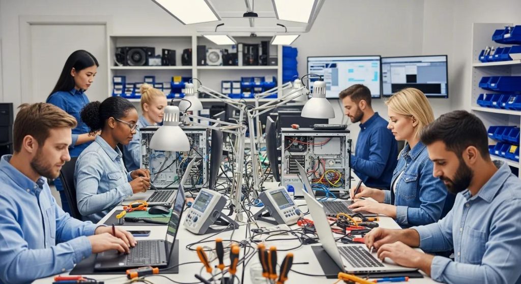 Team of technicians repairing computers and laptops in a modern tech workshop, showcasing expertise in device repairs and customer service for local residents.