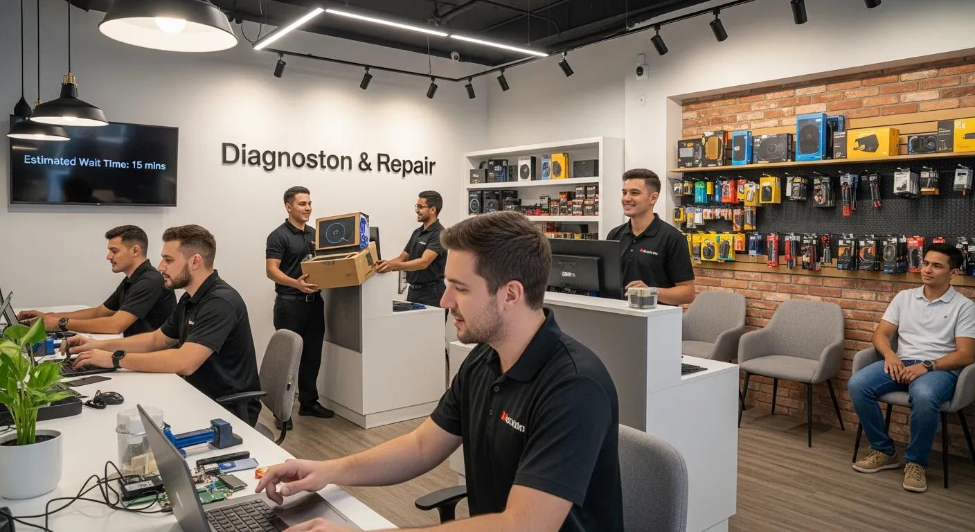 Technicians assisting customers in a modern computer repair shop, showcasing diagnostic services and a variety of tech products for sale, emphasizing fast and friendly service in Port Augusta West.