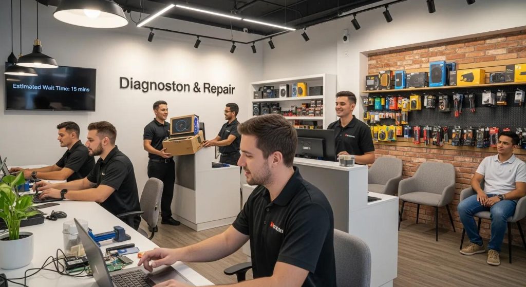 Team of technicians at a computer repair shop, working on devices and assisting customers, with a display of tech products in the background and a sign reading "Diagnosis & Repair".