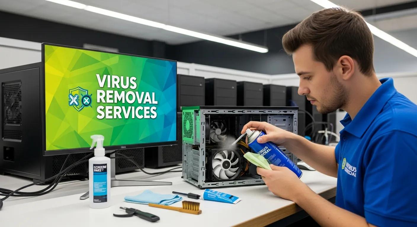 Technician performing computer virus removal services on a desktop PC, with tools, cleaning products, and a monitor displaying "Virus Removal Services" in a repair shop setting.