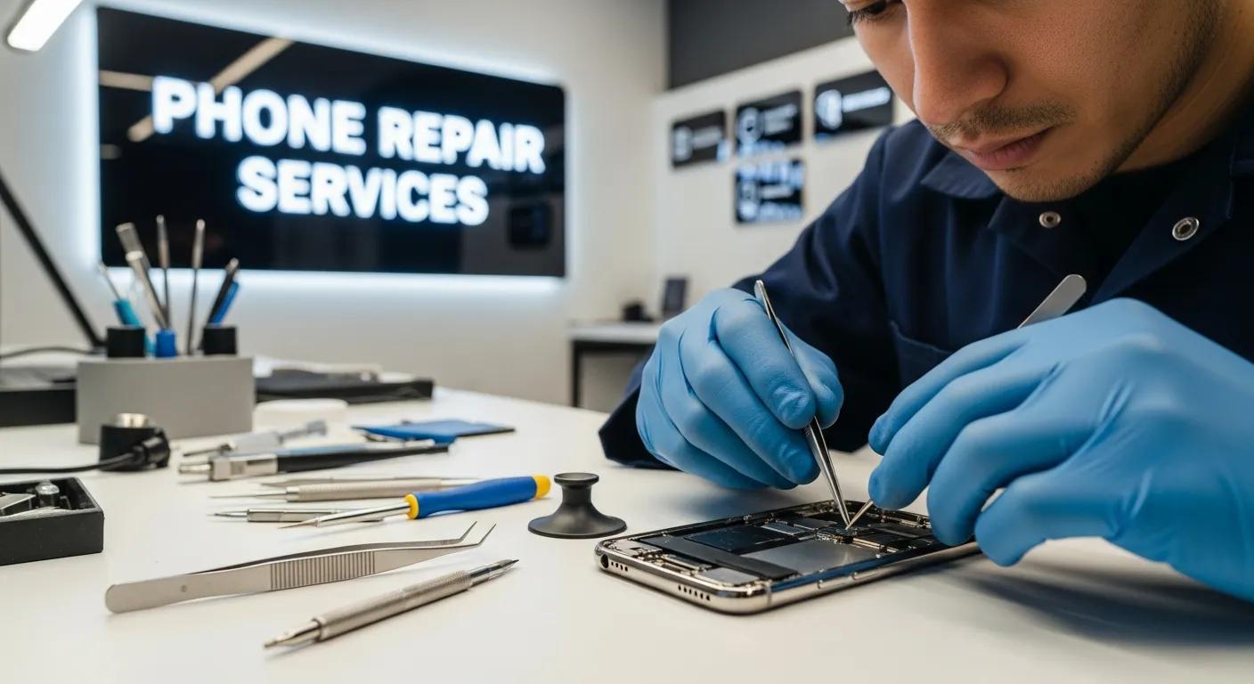 Technician repairing smartphone with tools in phone repair services setting, emphasizing fast and reliable phone repairs in Stirling North.