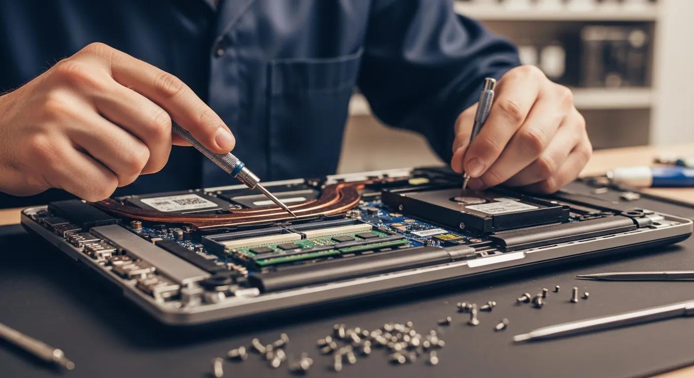 Technician repairing laptop components, focusing on hard drive and RAM, surrounded by tools and screws, illustrating expert computer repair services.