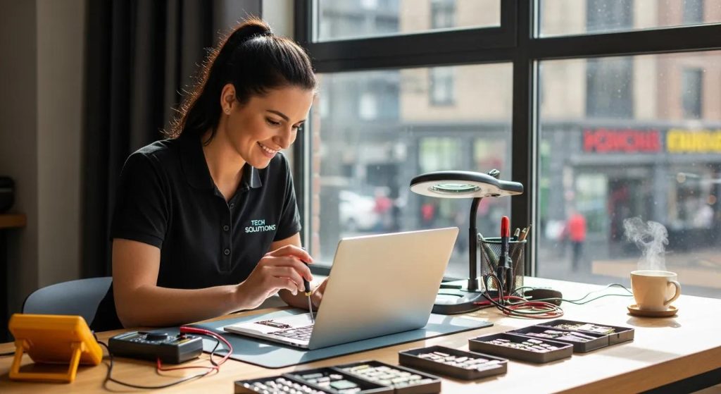 Friendly technician repairing a laptop in a bright workspace