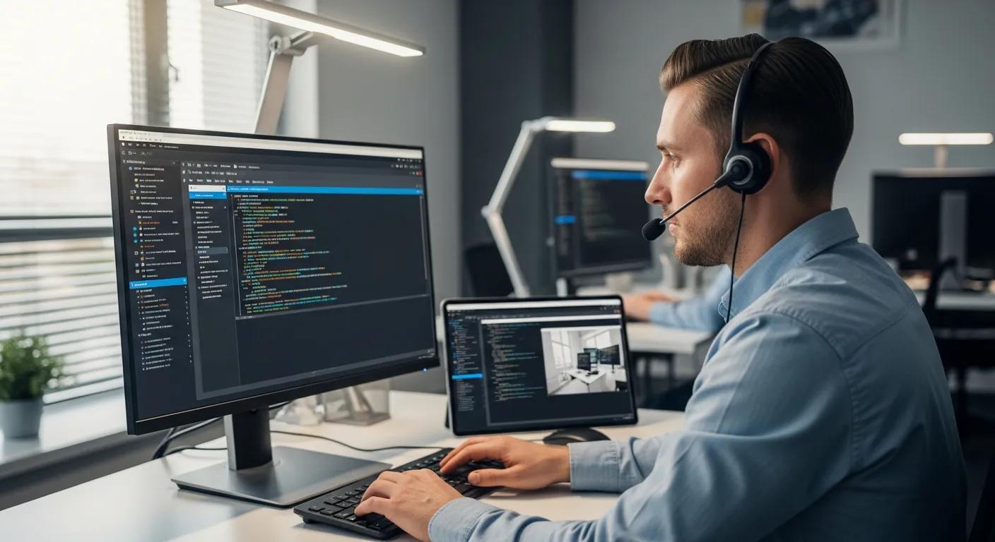 IT technician wearing a headset, working on a computer with coding software, in a modern office setting, illustrating tech support services for computer repair.