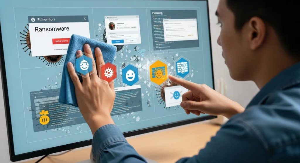 Person cleaning a computer screen displaying antivirus icons and a ransomware alert, illustrating professional virus cleaning services and malware removal solutions.