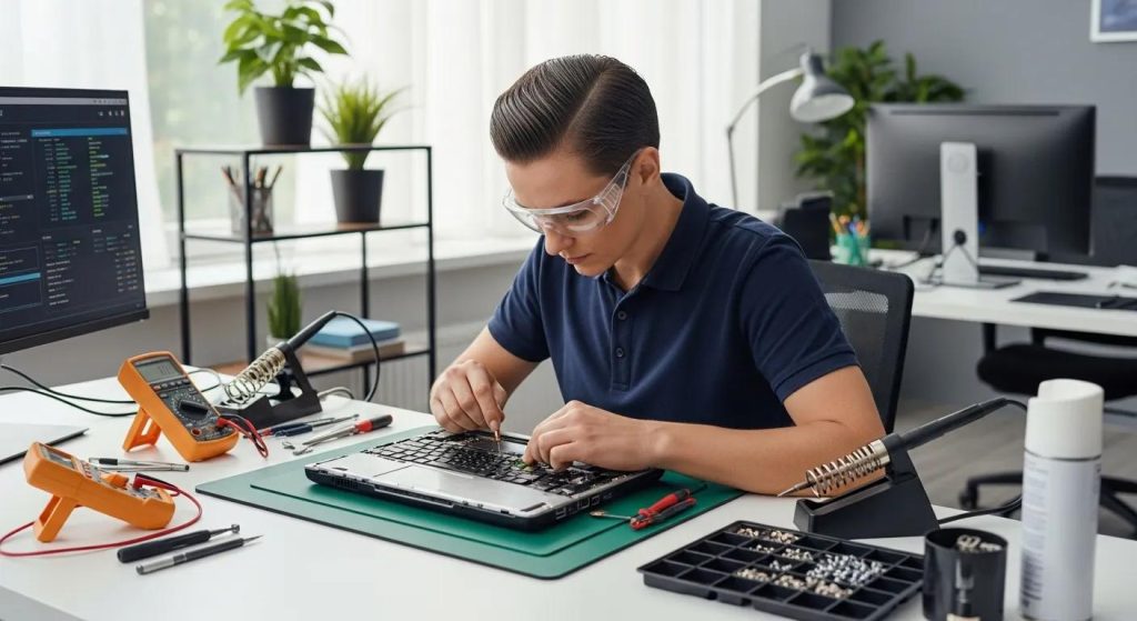Technician repairing a laptop at a workspace with tools, computer monitors, and plants, illustrating professional computer repair services in Murray Bridge.