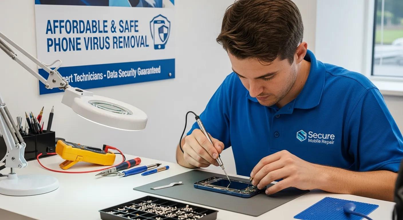 Technician repairing smartphone with tools in a professional mobile repair setting, featuring a sign stating "Affordable & Safe Phone Virus Removal" and various repair equipment on the table.