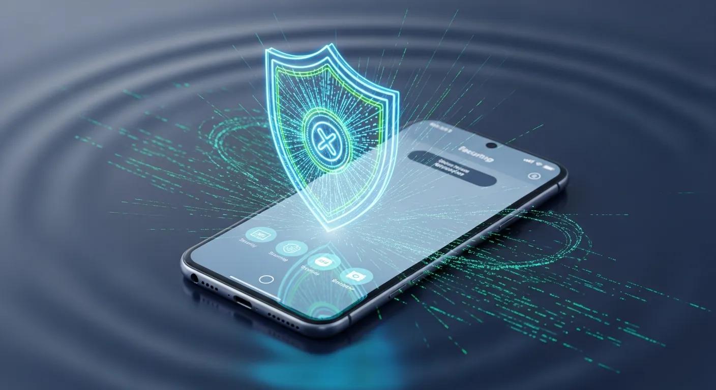Smartphone displaying a digital shield icon with protective elements, symbolising phone virus repair and malware protection services in Griffith.
