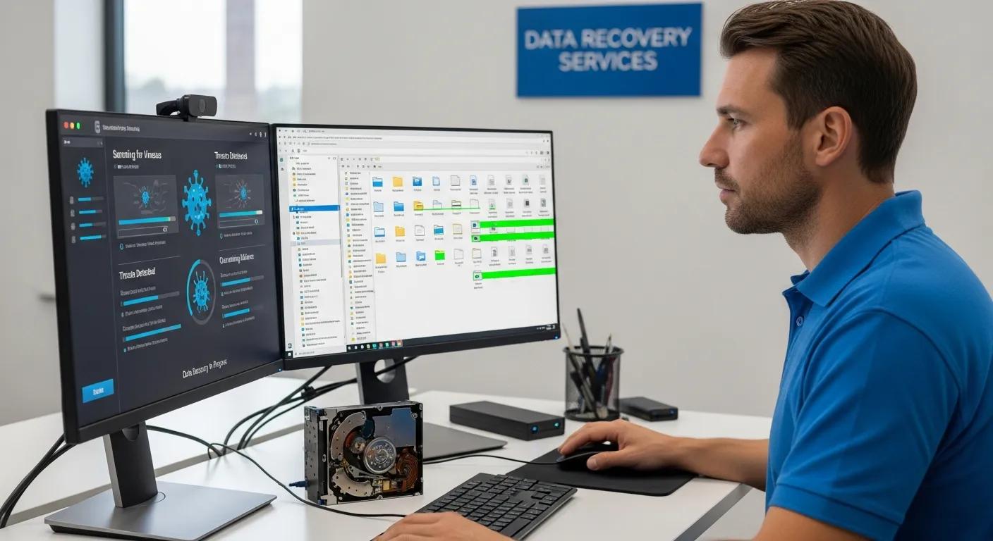 Man working on computer displaying data recovery software and monitoring virus threats, with a hard drive visible on the table, in a data recovery services setting.