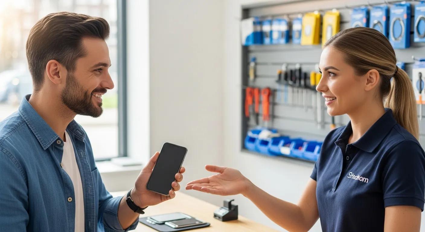 Customer interacting with a technician at a phone repair shop, discussing service options for an iPhone, showcasing professionalism and clear communication in a welcoming environment.