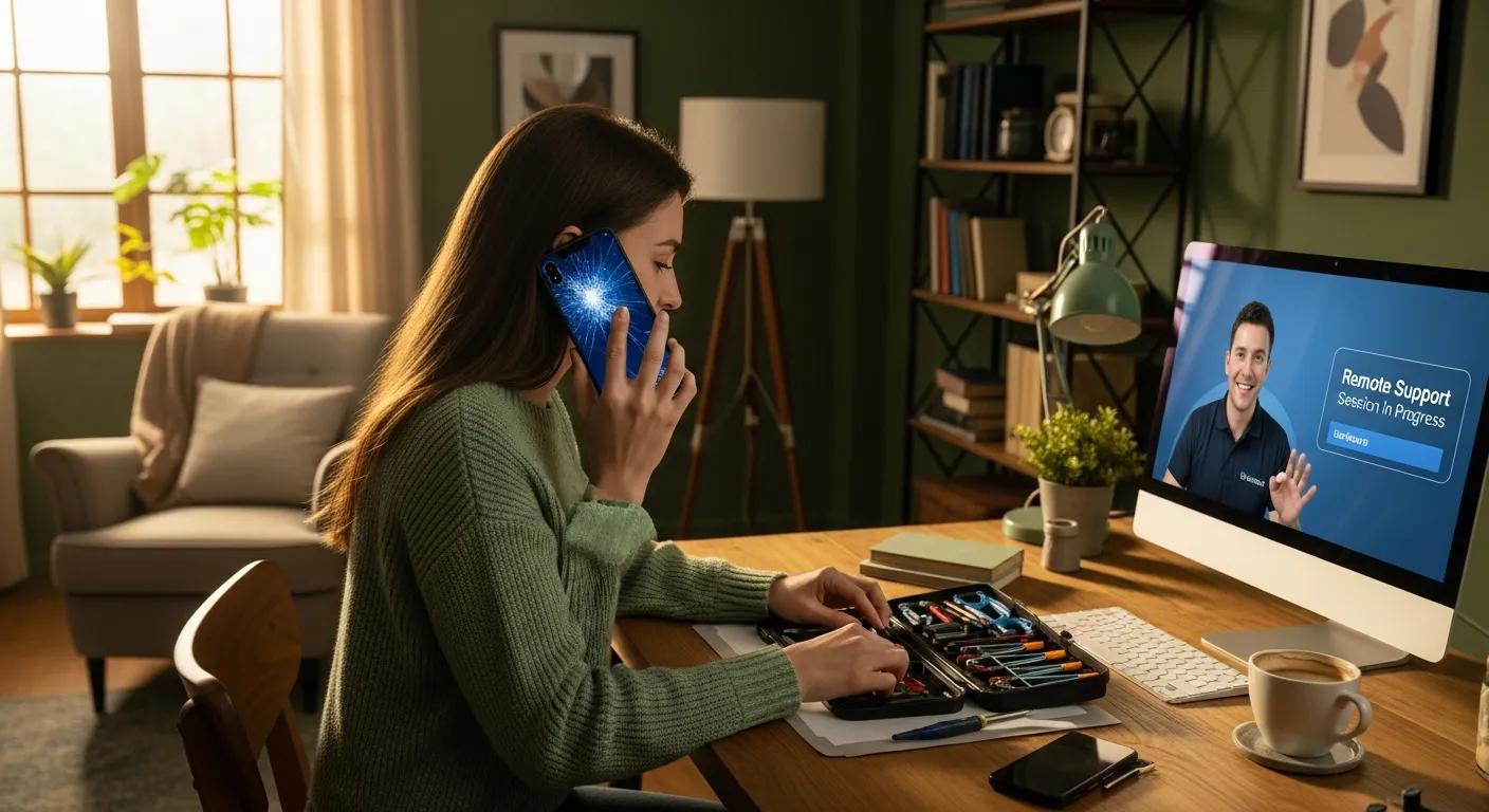 Woman on phone with cracked smartphone, engaged in remote support session on computer, surrounded by tools and stationery in a home office setting.