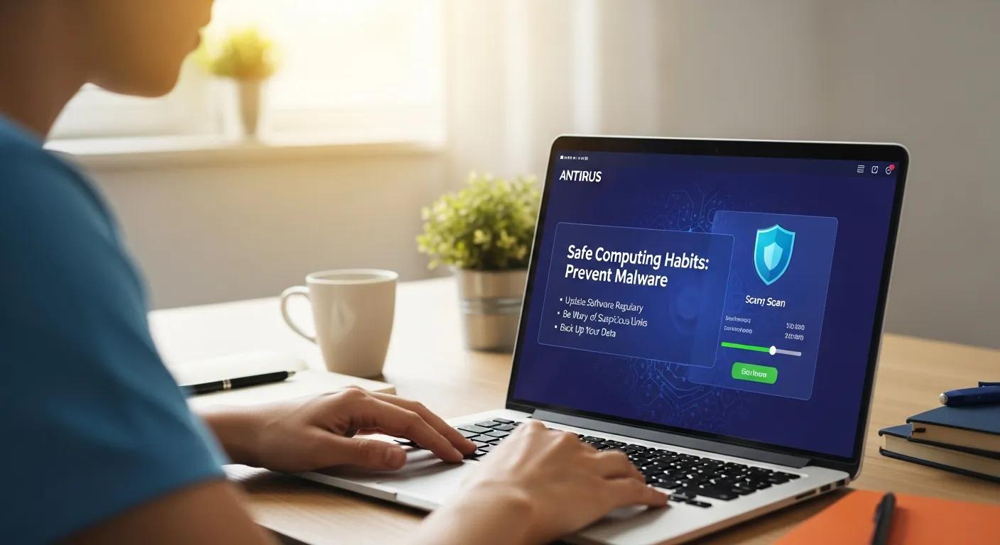 Person using laptop displaying antivirus software screen with tips on safe computing habits to prevent malware infections, highlighting the importance of data safety and proactive measures.