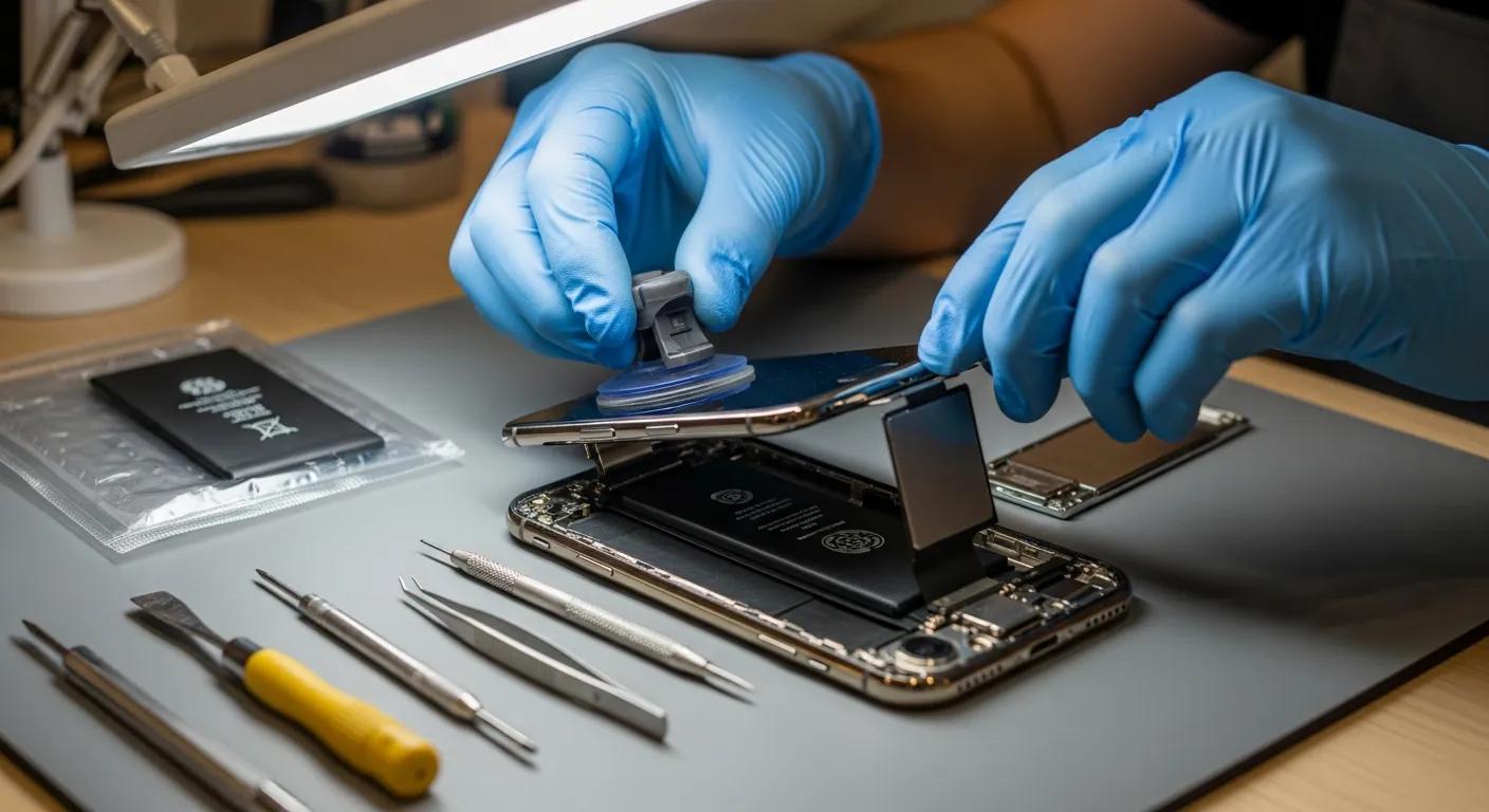 Technician performing iPhone screen replacement using specialized tools, showcasing repair process with focus on device internals and quality parts.