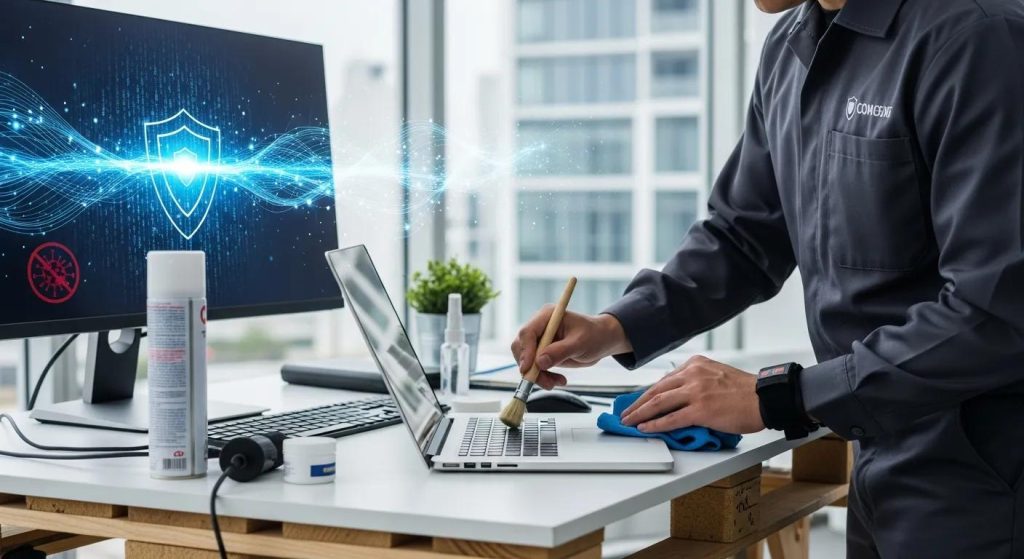 Technician cleaning laptop with protective shield graphic on monitor, representing virus removal and computer repair services.