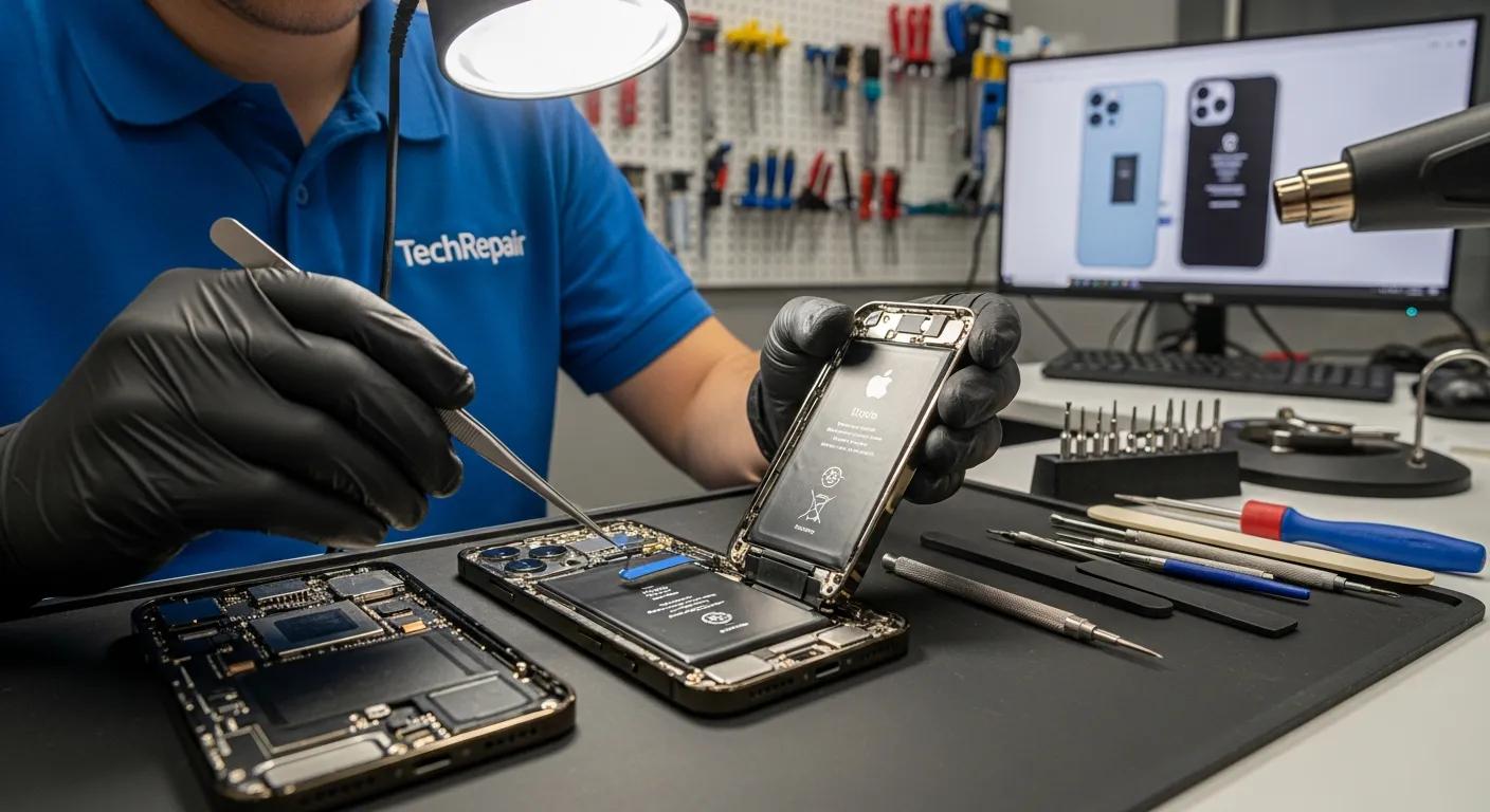 Technician repairing smartphone with open device and tools, highlighting mobile phone repair services offered by Bizup.