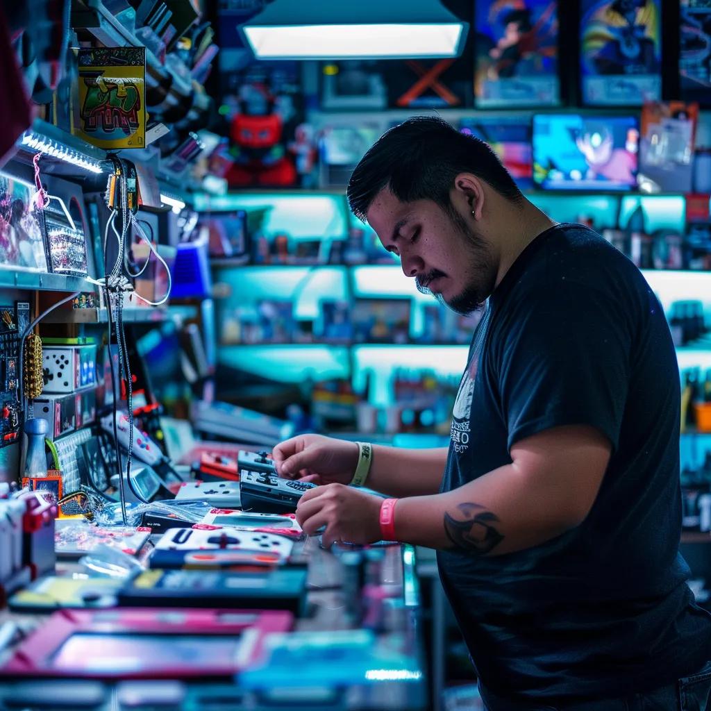 Man repairing gaming consoles in a vibrant electronics repair shop, surrounded by gaming accessories and tools, illustrating expert gaming console repair services in Port Augusta.