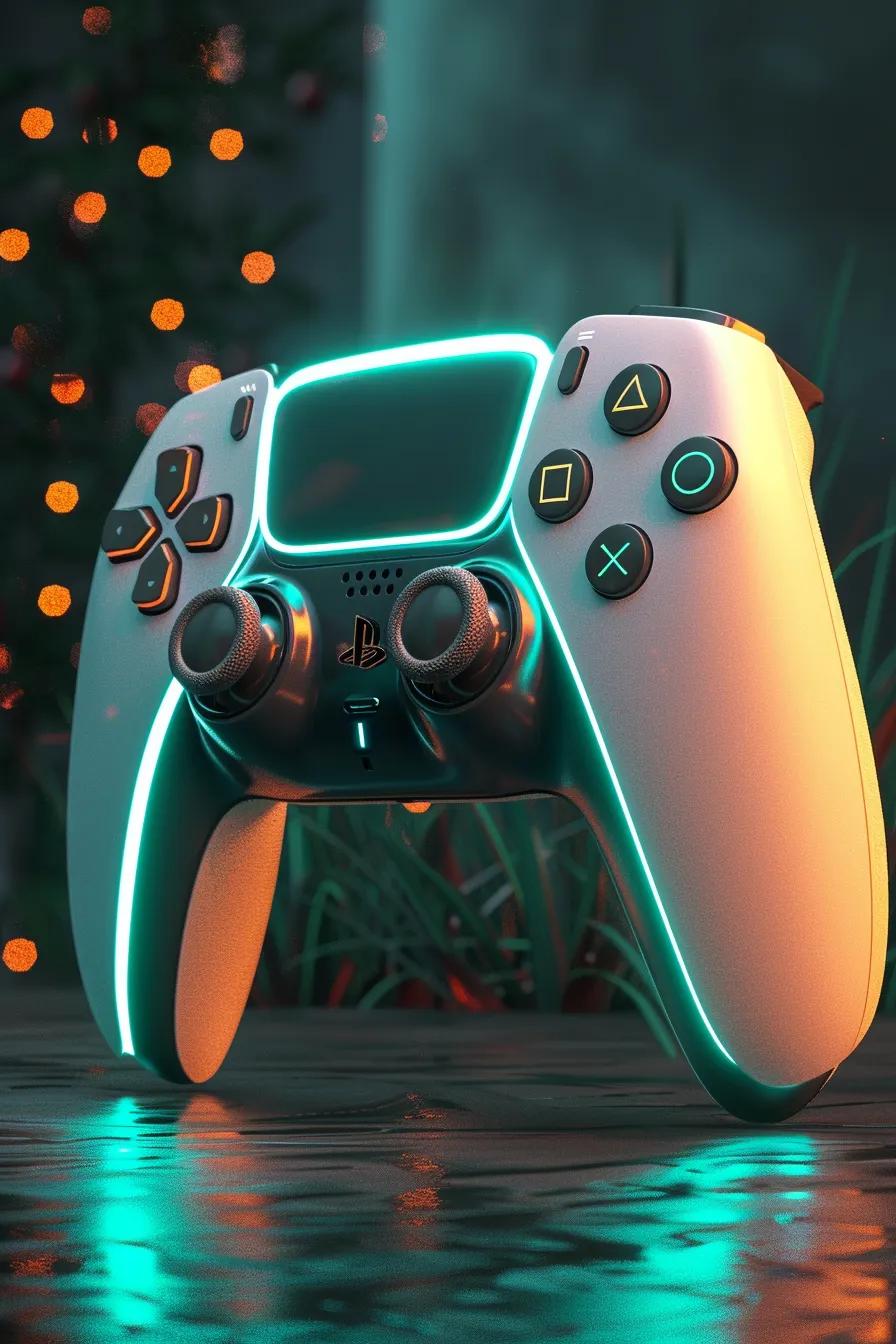 PlayStation controller with glowing accents, set against a blurred background of festive lights, representing gaming console repair services in Griffith.