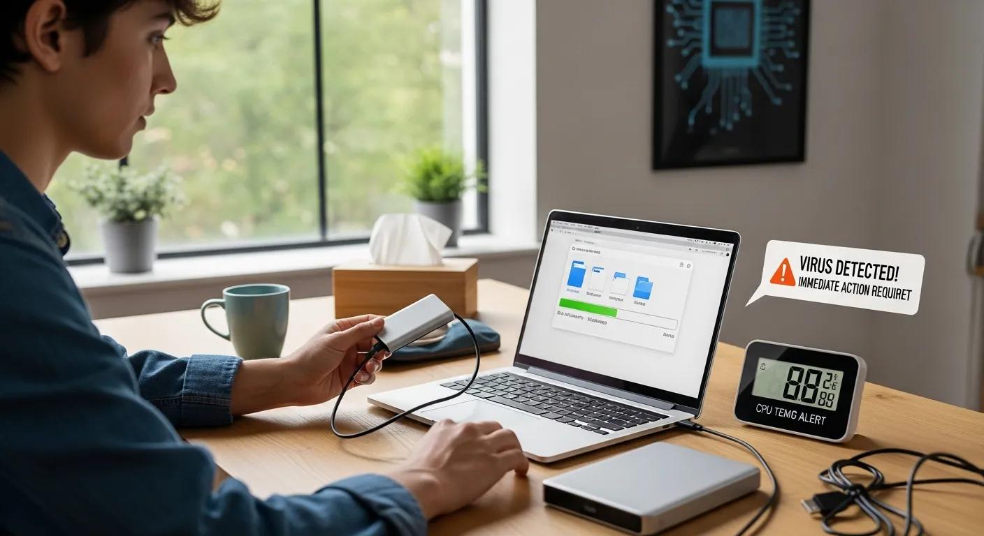 Person using laptop with virus detection alert, external hard drive connected, and CPU temperature monitor, illustrating the need for professional virus removal services and data protection.